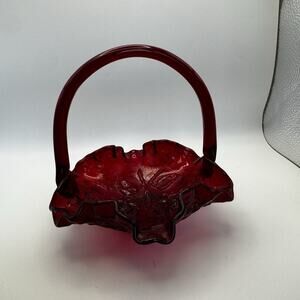 Vintage 1997 Fenton Art Glass Ruby Red Rose Pattern 5.5" Basket‎